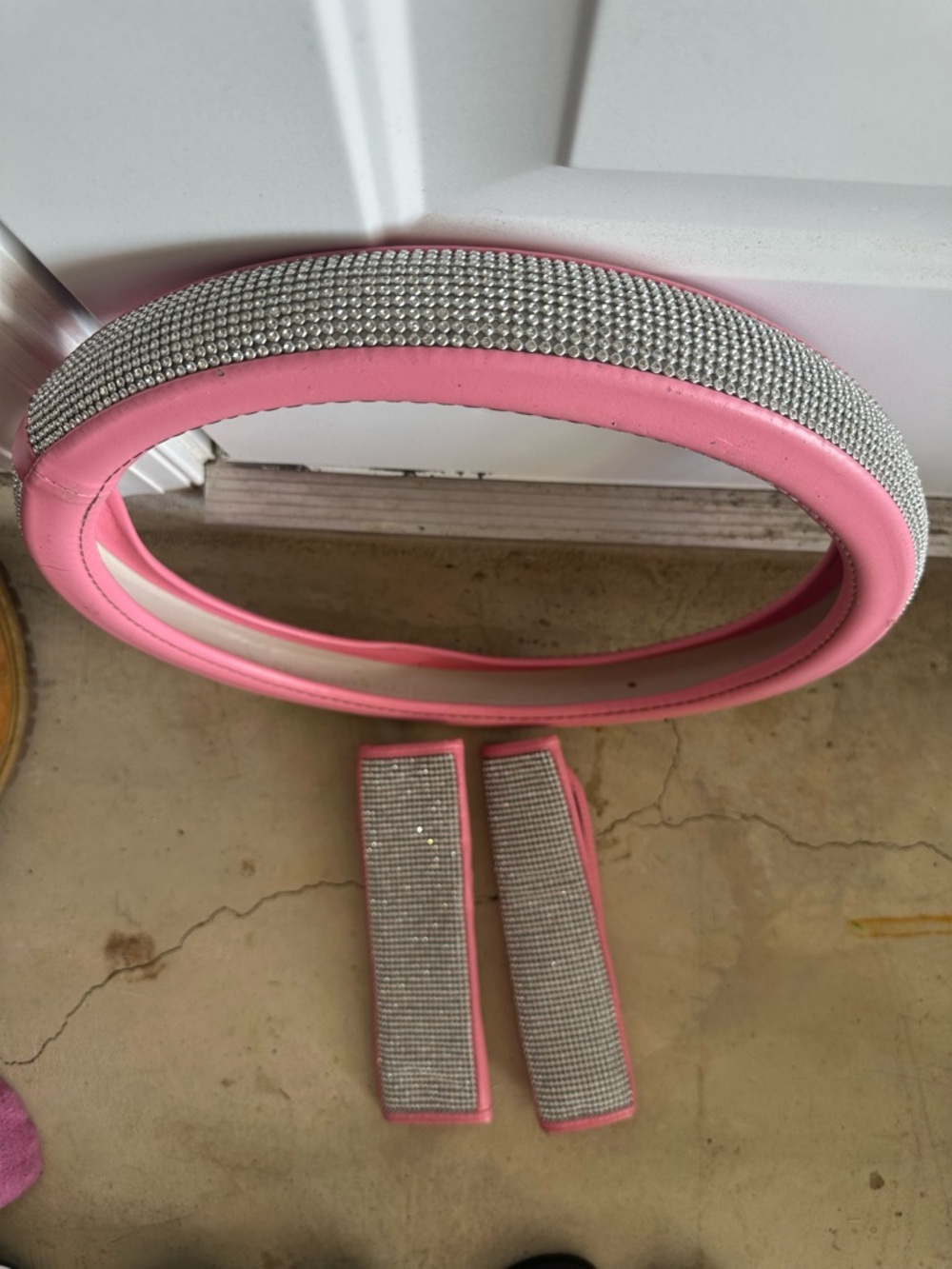 Pink Rhinestone Steering Wheel Cover with Matching Seat Belt Pads